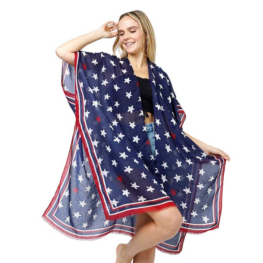 American USA Star Print Kimono Poncho is a stylish and patriotic addition to any wardrobe. Made with high-quality materials, it features a unique star print design that showcases your American pride. Perfect for any occasion, this poncho offers both style and comfort. Show off your love for the USA with this piece.
