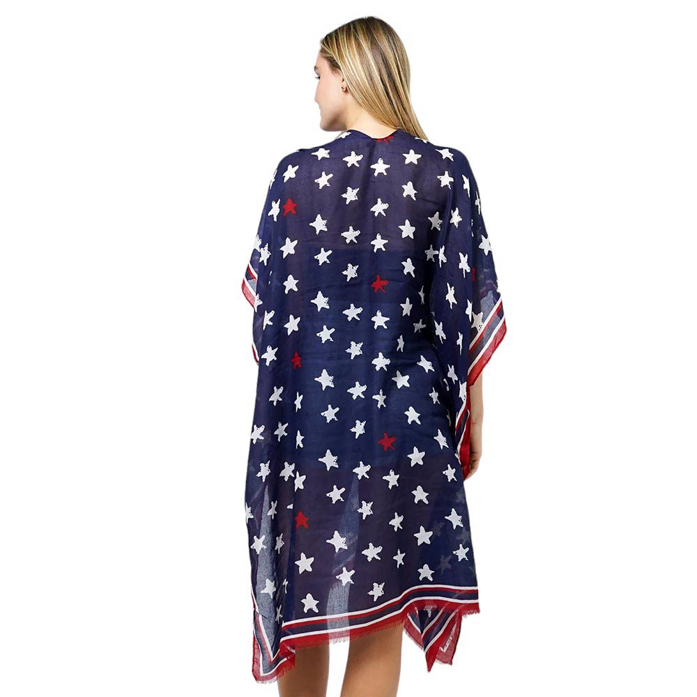 American USA Star Print Kimono Poncho is a stylish and patriotic addition to any wardrobe. Made with high-quality materials, it features a unique star print design that showcases your American pride. Perfect for any occasion, this poncho offers both style and comfort. Show off your love for the USA with this piece.
