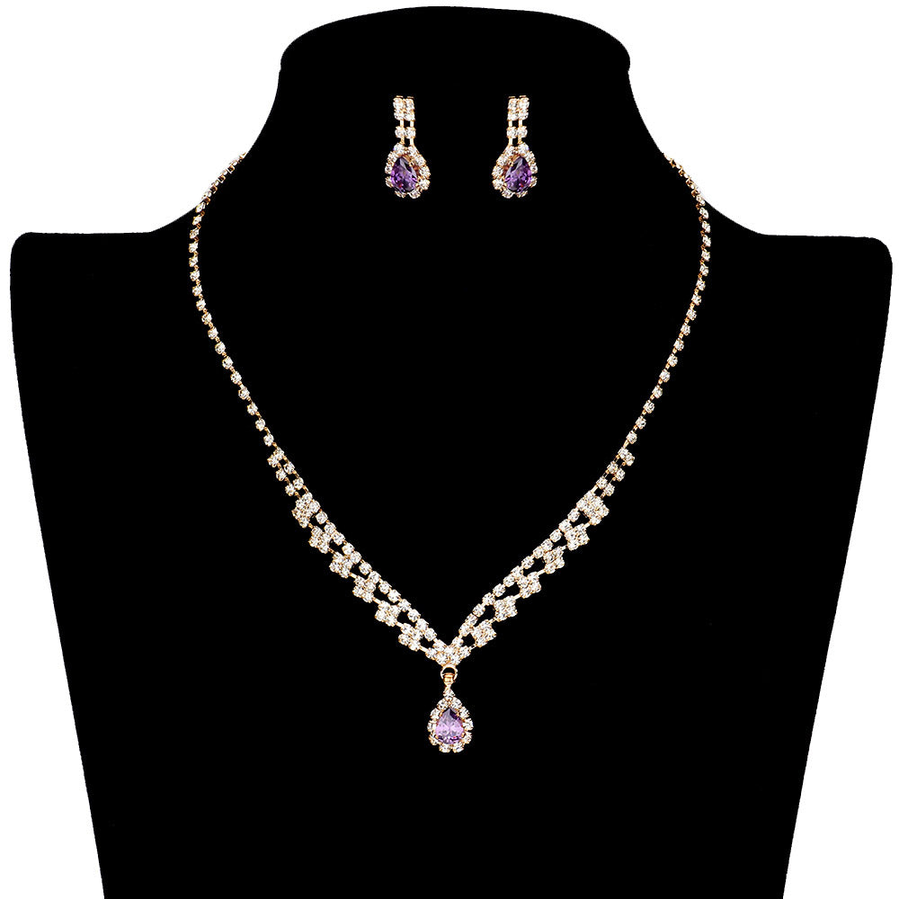 Amethyst This CZ Teardrop Stone Accented Jewelry Set, The jewelry set is detailed with sparkling cubic zirconium stones for an eye-catching and sophisticated look. The set includes a necklace, and stud earrings, this exquisite necklace will turn heads and garner compliments. Perfect for gifting to the people you care about.