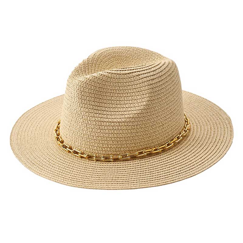 Beige sleek and stylish Hardware Chain Band Pointed Straw Hat. Made with high-quality straw and adorned with a chic hardware chain band, this hat is the perfect accessory for any outfit. Its pointed design adds a touch of elegance while providing protection from the sun. Upgrade your look with this hat.