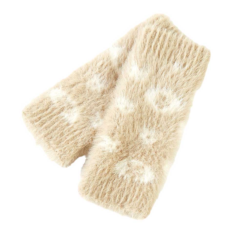 Beige Leopard Patterned Faux Fur Fingerless Gloves Wrist Warmer, Featuring a beige and cream leopard pattern and a 100% Polyester construction ensures durability and comfort. One size and fashionable leopard pattern. Suitable for winter and assists to ensure the warmth. Ideal gift item for almost anyone in a cool season.