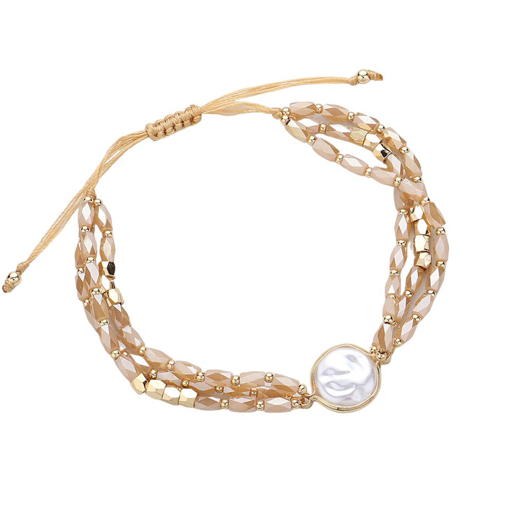 Beige Pearl Pointed Faceted Beaded Pull Tie Cinch Bracelet, Indulge in luxury with our dazzling and elegant bracelet features beautifully crafted pearls and faceted beads, all perfectly strung together for a stunning piece that will elevate any outfit. With its adjustable pull tie cinch, you can achieve the perfect fit.