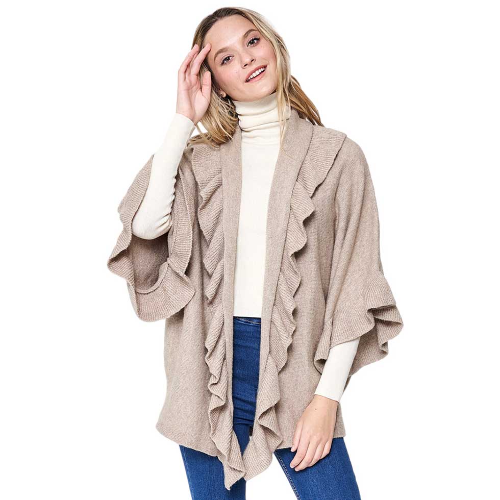 Beige Ruffle Knit Cardigan, Featuring a unique ruffle detailing and crafted from soft knit fabric, this cardigan offers both comfort and style. Perfect for layering with your winter wardrobe, you'll feel comfortable and fashionable in any situation. Ideal winter gift to fashion forwarded friends and family members.