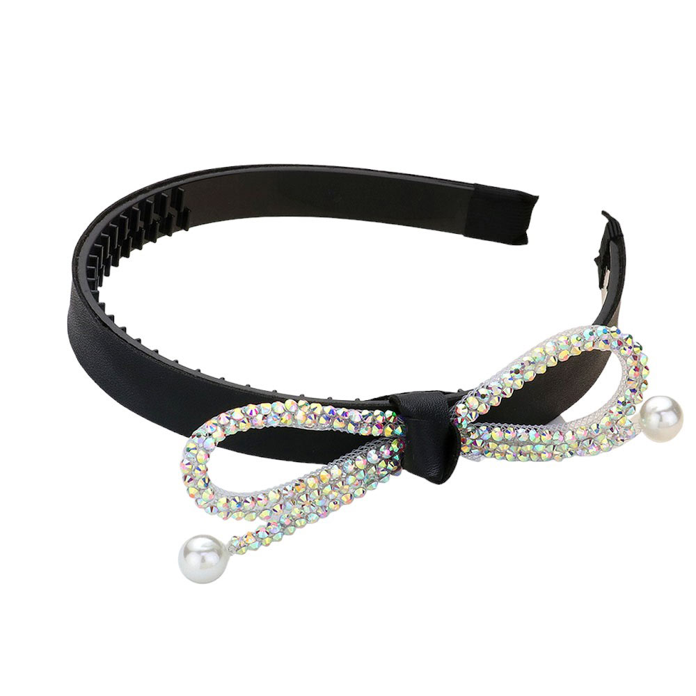 Black Bling Studded Pearl Tip Bow Accented Headband, this is a luxurious and stylish accessory that adds a touch of elegance to any outfit. The studded pearls and bow design create a classic and sophisticated look, perfect for formal events or adding a touch of glamour to your everyday style.
