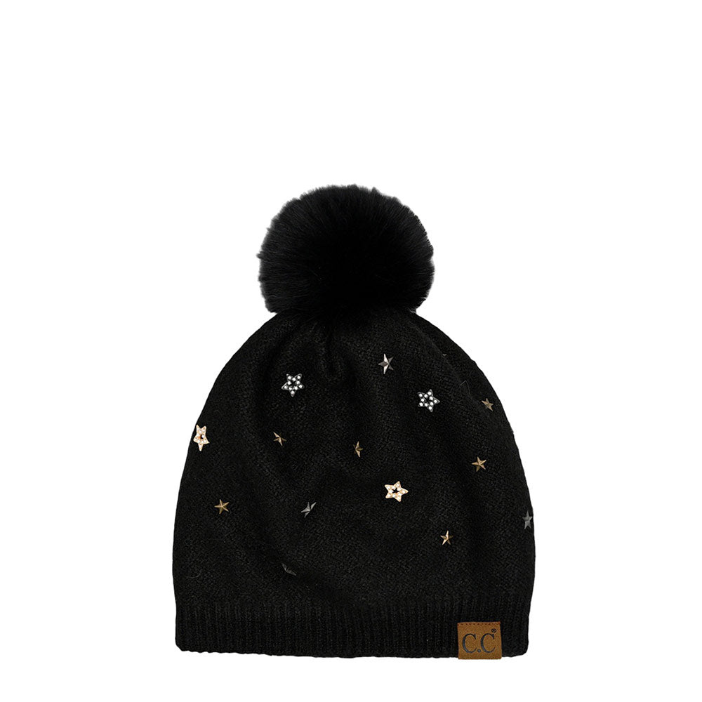 C.C Star Stud Pom Beanie, is perfect for winter weather. It's the perfect winter touch you need to finish your outfit in style. Awesome winter gift accessory for Birthday, Christmas, Stocking Stuffer, Secret Santa, Holiday, Anniversary, or Valentine's Day to your friends, family, and loved ones.