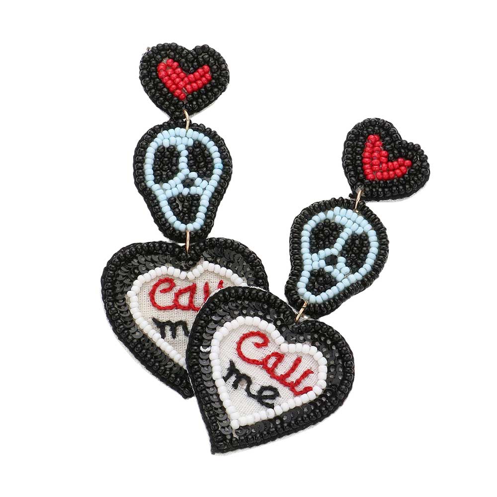 Black Felt Back Beaded Heart Skull Call Me Message Dangle Earrings, are fun handcrafted jewelry that fits your lifestyle, adding a pop of pretty color. This pretty & tiny earring will surely bring a smile to one's face as a gift. This is the perfect gift for Halloween, especially for your friends, family, and your love.