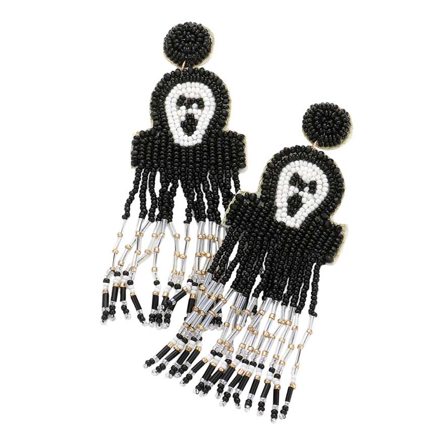 Black Felt Back Seed Beaded Scream Ghost Fringe Dangle Earrings, are fun handcrafted jewelry that fits your lifestyle, adding a pop of pretty color. This pretty & tiny earring will surely bring a smile to one's face as a gift. This is the perfect gift for Halloween, especially for your friends, family, and your love.