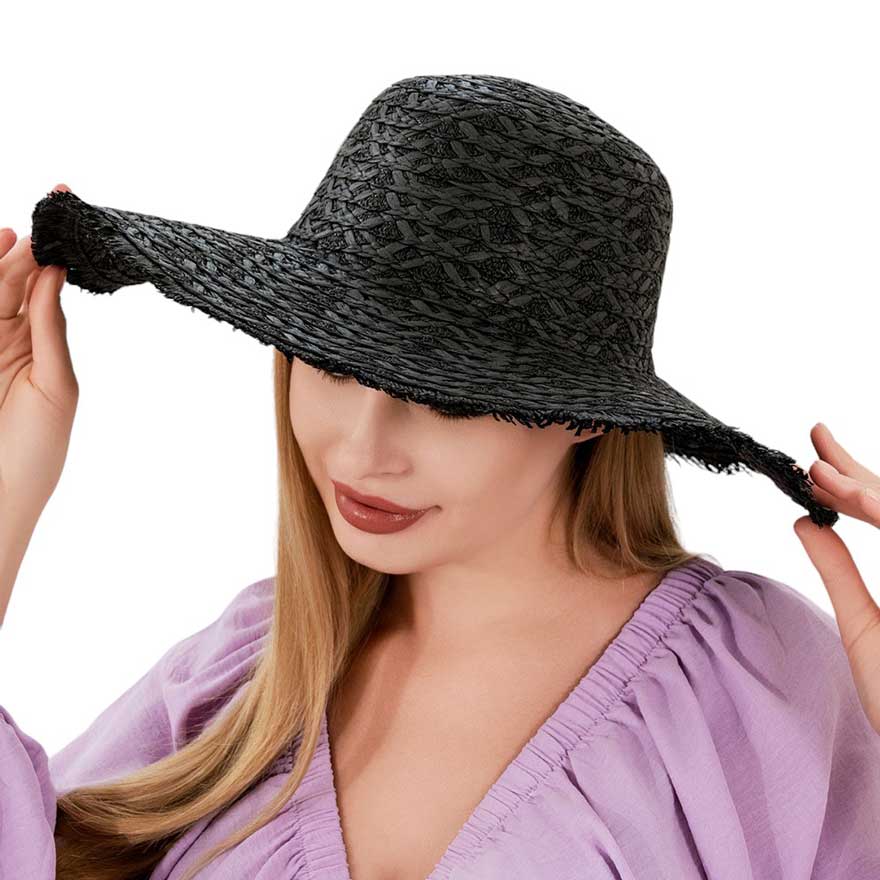 Beige Frayed Edged Straw Sun Hat. Made from durable straw material with a frayed edge design, this hat not only offers maximum sun protection but also adds a stylish touch to your summer look. Stay cool and fashionable all season long. Perfect for a sunny day outdoor wear, or a sun protection gift for your loved one.