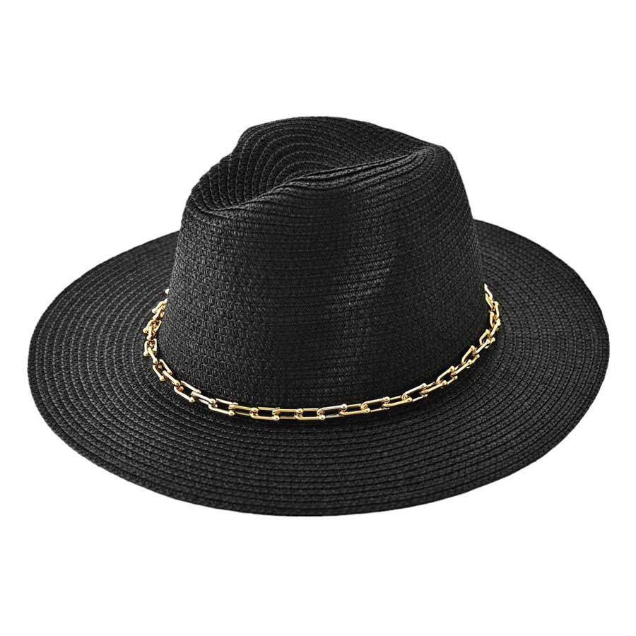 Black sleek and stylish Hardware Chain Band Pointed Straw Hat. Made with high-quality straw and adorned with a chic hardware chain band, this hat is the perfect accessory for any outfit. Its pointed design adds a touch of elegance while providing protection from the sun. Upgrade your look with this hat.
