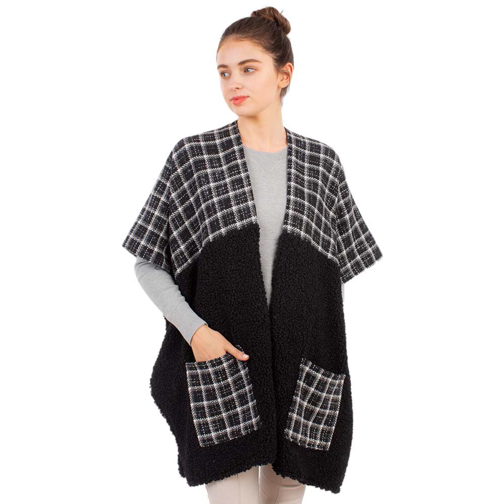 Black Indian Tribe Pattern Pocket Cape Poncho, Made of lightweight and breathable fabric, this adds a touch of culture to any outfit. It features two spacious pockets for storing essential items and a well-fitted hood for extra protection. Ideal for those cooler days! Ideal winter gift choice for your loved ones.