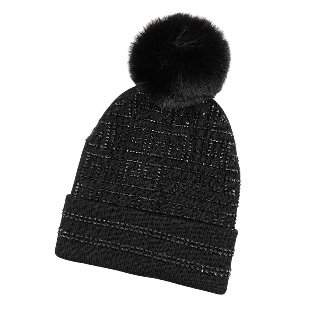 Black Jet Bling Greek Pattern Pom Pom Beanie Hat, this beanie hat is designed with a unique "bling" Greek pattern and is crafted from a soft material for a comfortable fit. The pom pom embellishment adds extra flair for a fashionable and fun look. Perfect winter gift idea for fashion-forwarded loved ones.