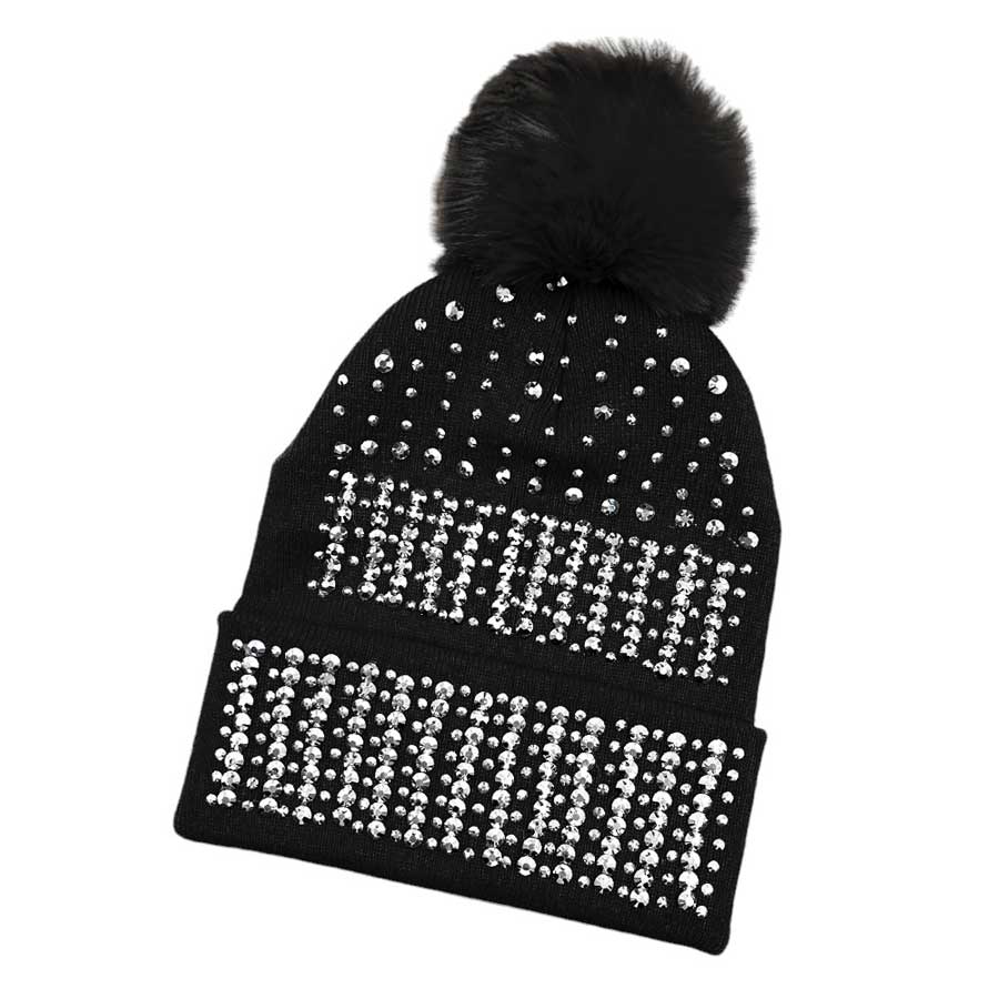 Jet Black Bling Pom Pom Beanie Hat, Look stylish this winter in this beanie ha. Features a beautifully sequined pattern and a luxurious faux fur pom-pom, designed to make a statement. It's perfect for any outdoor activity, keeping your head warm and fashionable. Perfect winter gift idea for fashion-loving ones.