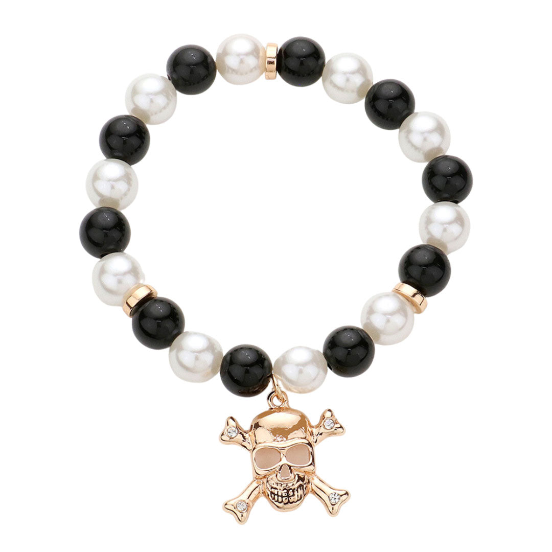 Black Skull Charm Pearl Beaded Stretch Bracelet, enhance your attire with this beautiful Halloween bracelet to show off your fun trendsetting style at Halloween. This pretty & tiny bracelet will surely bring a smile to one's face as a gift. This is the perfect gift for Halloween, especially for your friends and family.
