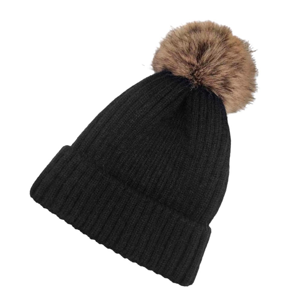 Solid Knit Faux Fur Pom Pom Beanie Hat – Madeline Love display picture 1