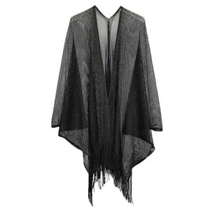 Black Sparkle Glitter Mesh Kimono Poncho, is a must-have for fashion-forward women. Crafted with sparkling glitter mesh fabric, it adds a chic and stylish flair to any look. Its lightweight and breathable design also promises all-day comfort. Ideal gift choice for fashion-loving friends and family members.