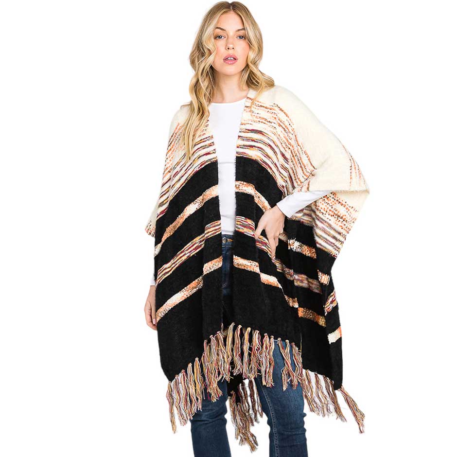 Black Striped Tassel Fringe Ruana Poncho, with the latest trend in ladies' outfit cover-up! the high-quality tassel fringe ruana poncho is soft, comfortable, and warm but lightweight. It's perfect for your daily, casual, party, vacation, and other special events outfits. A fantastic gift for your friends or family.