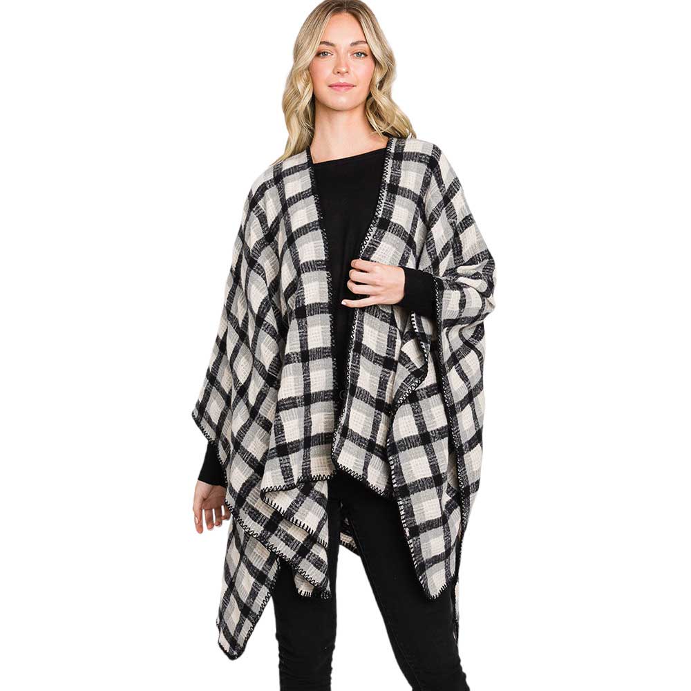 Black Trendy Plaid Check Patterned Ruana Poncho, with the latest trend in ladies' outfit cover-up! the high-quality knit ruana poncho is soft, comfortable, and warm but lightweight. It's perfect for your daily, casual, party, evening, vacation, and other special events outfits. A fantastic gift for your friends or family.
