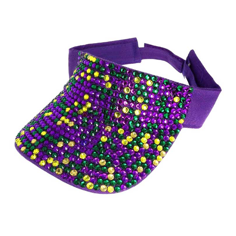 Bling Studded Mardi Gras Visor Hat, Upgrade your Mardi Gras outfit with our stylish Visor Hat! Its eye-catching design and sparkling studs will make you stand out in the crowd. Protect your eyes from the sun while adding a touch of glamour to your look. Perfect for any Mardi Gras celebration.