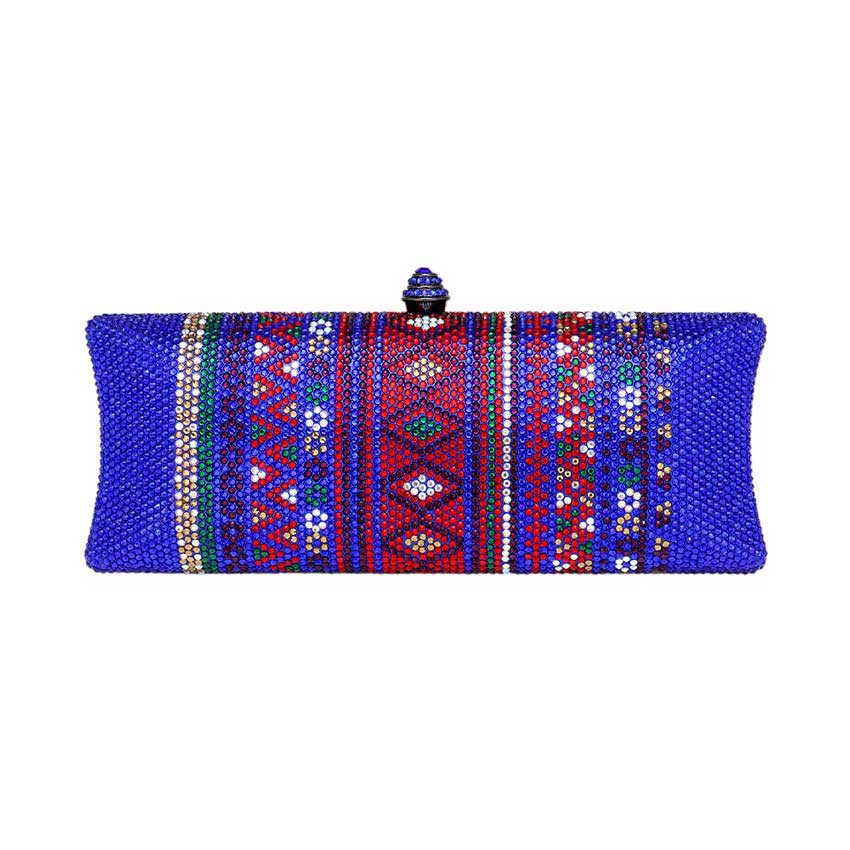 Blue Bling Aztec Print Evening Clutch Bag. Crafted from high-quality material, this sleek bag features an eye-catching Aztec print with a hint of sparkle. Perfect for adding a touch of sophistication to any special occasion. A great occasional gift idea for fashion-loving friends and family members.