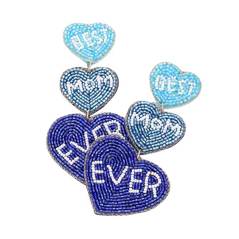 Blue Felt Back BEST MOM EVER Message Triple Heart Beaded Dropdown Earrings, feature a felt backing and a heartfelt message - BEST MOM EVER. Show your mom how much you appreciate her with these stylish and meaningful earrings. Show your love and admiration with these lovely earrings.