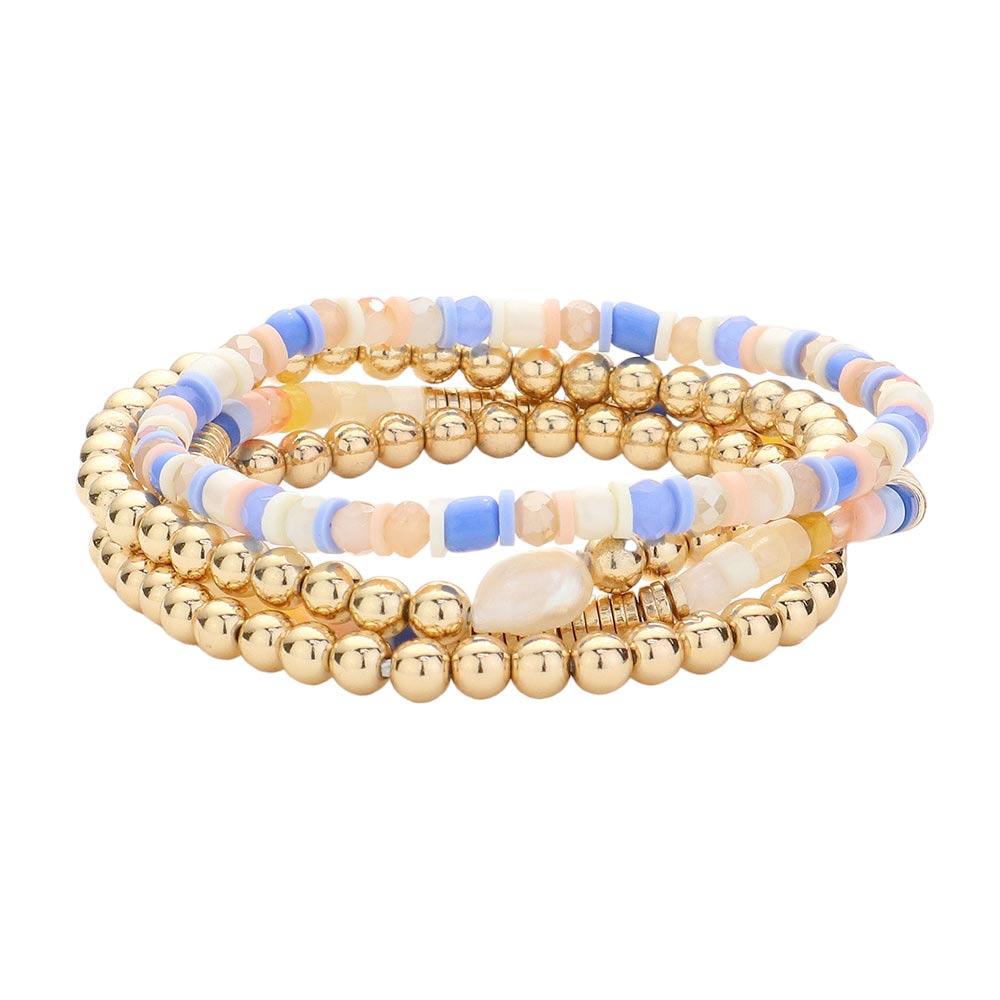 Blue Multi 4PCS Pearl Heishi Metal Ball Bead Stretch Layered Bracelets, Expertly designed for a layered look, these bracelets are perfect for adding a touch of elegance and style to any outfit. The pearl and metal ball beads provide a beautiful contrast, while the stretch design allows for a comfortable and adjustable fit.
