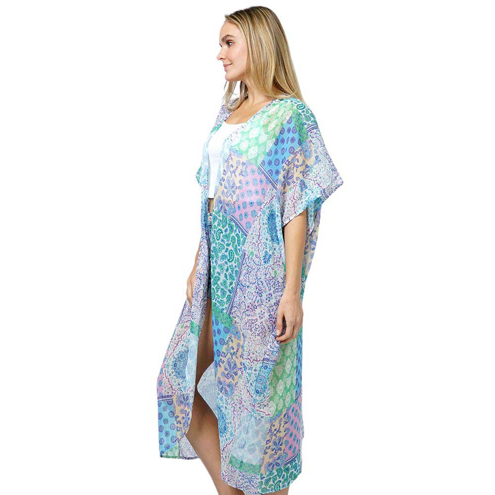 Blue Patchwork Print Lurex Kimono Poncho, Made from high-quality materials, this poncho features a unique patchwork print and shimmering lurex details. Perfect for adding a touch of glamour to any outfit, while also providing comfort and warmth. Experience the best of fashion and function with our kimono poncho.