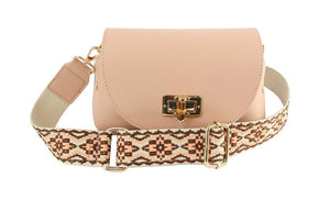Blush PU Leather Guitar Strap Bamboo Twist Lock Flap Crossbody Bag, This gorgeous crossbody bag is going to be your absolute favorite new purchase! It features with adjustable and detachable handle strap, upper Flap with pocket. Ideal for keeping your money, bank cards, lipstick, coins, and other small essentials in one place. It's versatile enough to carry with different outfits throughout the week. It's perfectly lightweight to carry around all day with all handy items altogether.