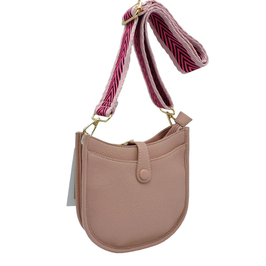 Blush Vegan Leather Guitar Strap Small Crossbody Purse, This Guitar Strap bag can be worn crossbody or on the shoulder. This Small Crossbody bag with selected durable vegan leather, nice style with various colors, Complement your existing outfit best Smooth fabric interior lining to avoid scratching item inside, Customized gold-tone metal fitting make you money's worth. Show your trendy side with this awesome crossbody bag. Have fun and look stylish with its fringe deta