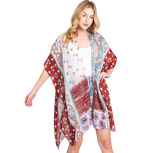 Brown Abstract Paisley Flower Print Kimono Poncho, Expertly crafted with an abstract paisley print, this kimono poncho is a versatile addition to any wardrobe. Made with lightweight, breathable material, it's perfect for layering over any outfit for a chic look. Enjoy the unique design and comfortable fit of this piece.