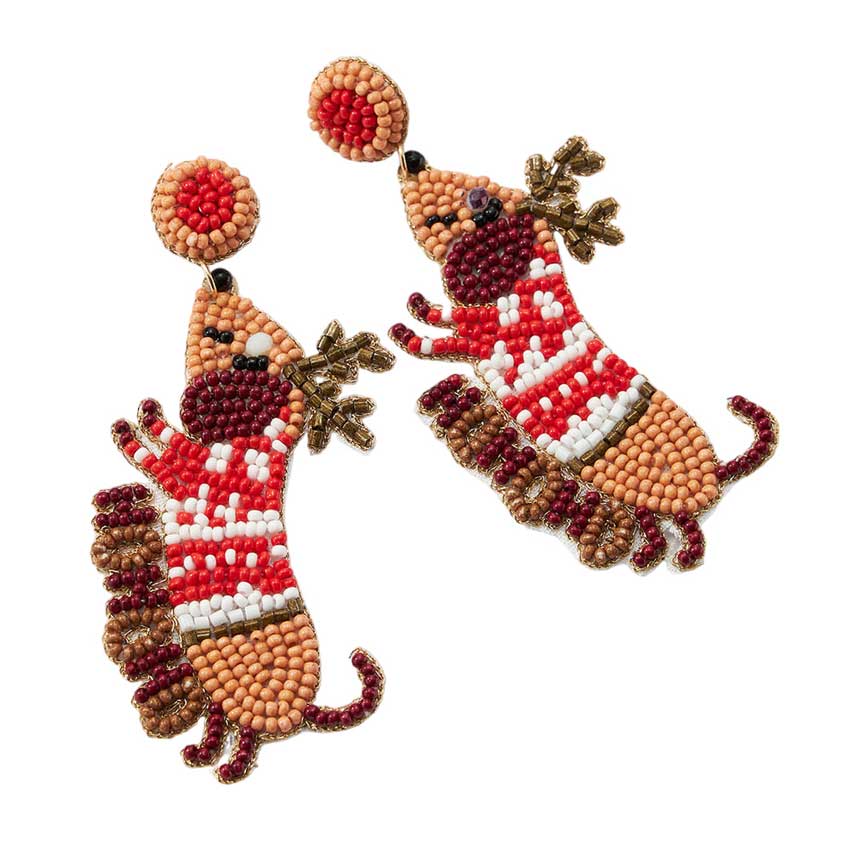 Brown Felt Back Seed Beaded Rudolph Dog Dangle Earrings, get into the Christmas spirit with these beautifully handcrafted decorated Rudolph dog dangle earrings, they will dangle on your ears & bring a smile to those you meet. Perfect Gift December Birthdays, Christmas, Stocking Stuffers, Secret Santa, BFF, etc.