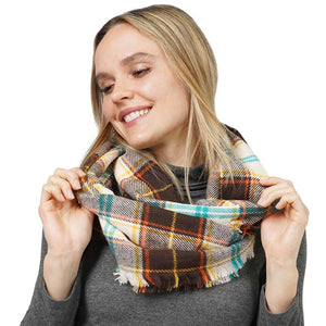 Brown Trendy Plaid Check Patterned Infinity Scarf, delicate, warm, on-trend & fabulous, a luxe addition to any cold-weather ensemble. This infinity scarf combines great fall style with comfort and warmth. It's a perfect weight and can be worn to complement your outfit. Perfect gift for birthdays, holidays, or any occasion.