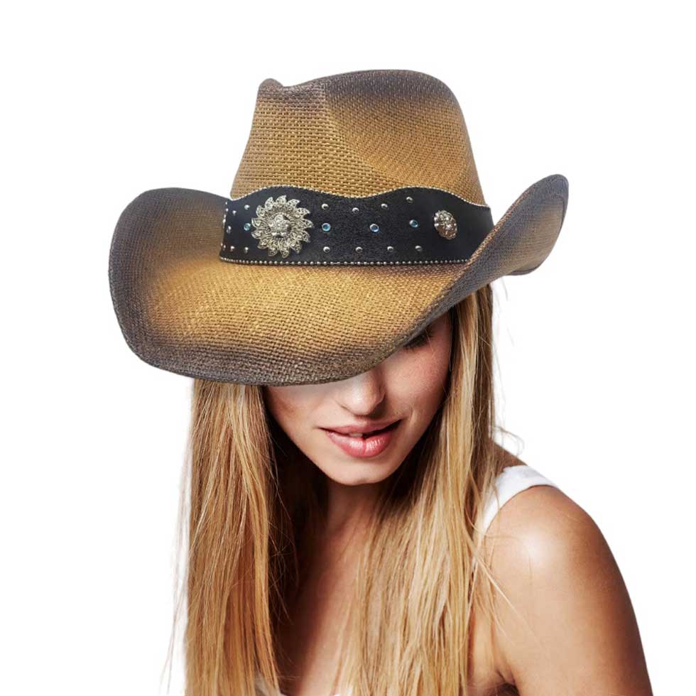 Brown Vintage Metal Western Flower Pointed Genuine Leather Straw Cowboy Hat, Expertly crafted from genuine leather and adorned with a vintage metal western flower, this cowboy hat is the perfect blend of style and functionality. The pointed design and straw material provide a classic look.