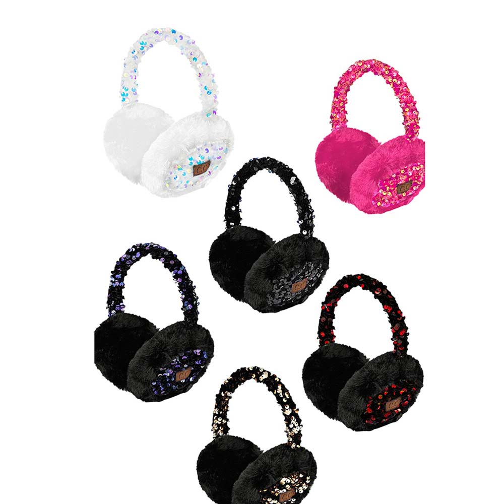 C.C Faux Fur Sequin Earmuff, this earmuff is designed with a faux fur and sequin finish for style and warmth. This is the perfect winter accessory for any occasion or any outdoor activity. It is lightweight and adjustable, offering comfort and superior insulation against cold temperatures. Perfect winter gift choice.