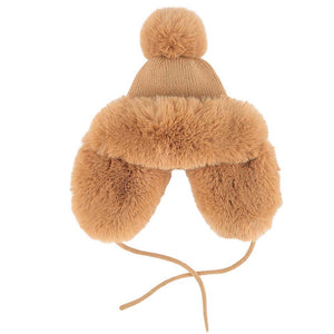 Camel C.C knitted Trapper Hat, is designed to keep your head and ears warm in cold. Crafted from thick acrylic, it features a comfortable, stretchy fit with soft fleece lining for extra warmth. An elastic drawstring ensures a secure fit and keeps the wind out. Stay warm and stylish with this fashionable trapper hat.