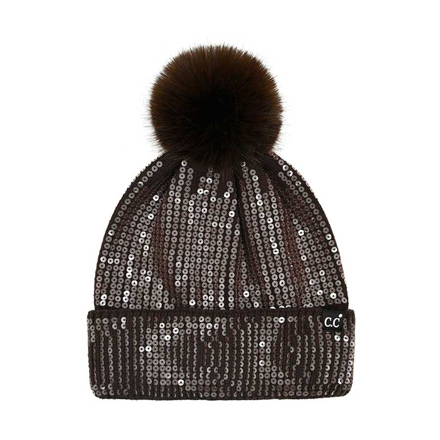 Black C.C All Over Clear Sequin Pom Beanie, this C.C beanie stands out with its sparkling sequins that cover the entire surface. It's the autumnal touch you need to finish your outfit in style. Awesome winter gift accessory for Birthdays, Christmas, Anniversary, or Valentine's Day to your friends, family, and loved ones.