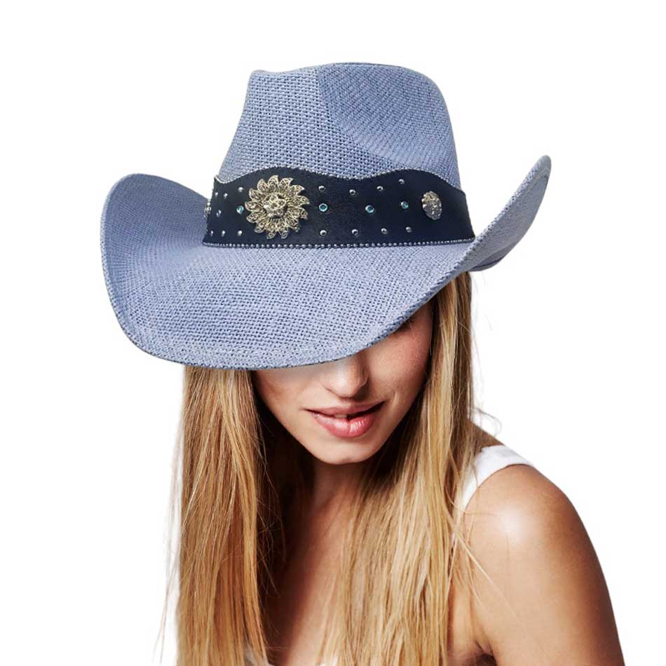 Denim Vintage Metal Western Flower Pointed Genuine Leather Straw Cowboy Hat, Expertly crafted from genuine leather and adorned with a vintage metal western flower, this cowboy hat is the perfect blend of style and functionality. The pointed design and straw material provide a classic look.