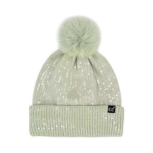 Dusty Mint C.C All Over Clear Sequin Pom Beanie, this C.C beanie stands out with its sparkling sequins that cover the entire surface. It's the autumnal touch you need to finish your outfit in style. Awesome winter gift accessory for Birthdays, Christmas, Anniversary, or Valentine's Day to your friends, family, and loved ones.