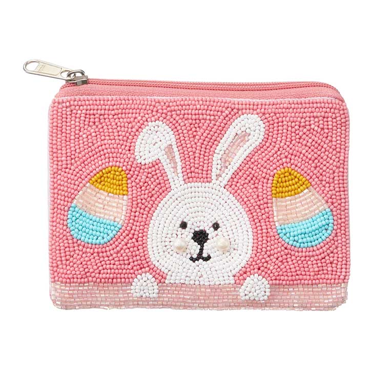 Pink Easter Bunny Seed Beaded Mini Pouch Bag, This adorable bag is handcrafted with intricate seed bead detailing. Perfect for storing small items, the beaded design adds a touch of spring cheer to any outfit. Expertly crafted and bursting with personality, this pouch bag is a must-have for any fashion-forward individual.