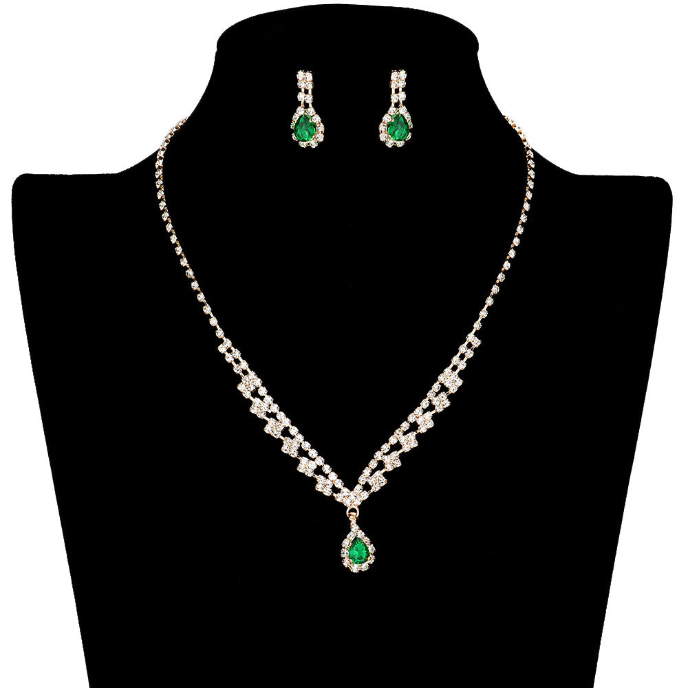 Emerald This CZ Teardrop Stone Accented Jewelry Set, The jewelry set is detailed with sparkling cubic zirconium stones for an eye-catching and sophisticated look. The set includes a necklace, and stud earrings, this exquisite necklace will turn heads and garner compliments. Perfect for gifting to the people you care about.