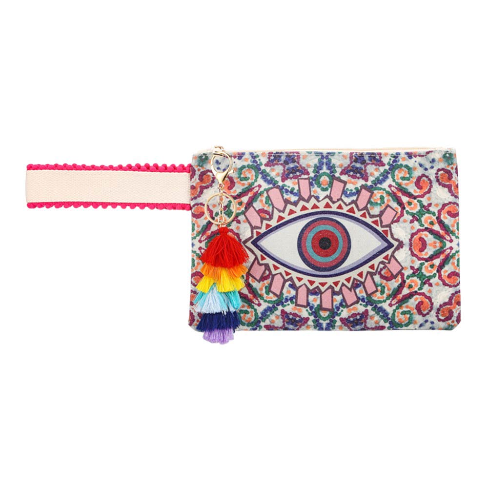 Evil Eye Pointed Tassel Keychain Pouch Bag Clutch is an essential accessory for any fashion-forward individual. With its intricate design featuring an evil eye, pointed tassel, and convenient keychain attachment, this pouch is Perfect for holding small essentials, it is a must-have for those on the go