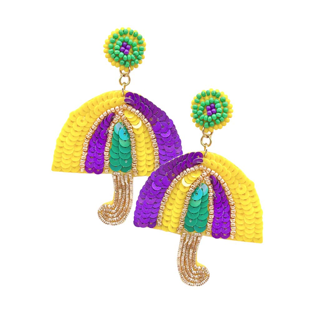 Felt Back Mardi Gras Sequin Umbrella Dangle Earrings, are the perfect accessory for any Mardi Gras celebration. The colorful felt backing adds a playful touch to the elegant design, while the sequin details sparkle and shine. With these earrings, you can show off your festive spirit in style.