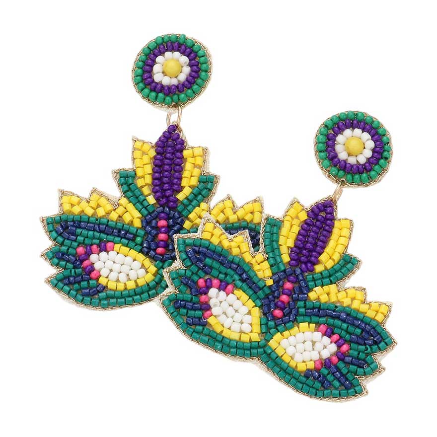 Felt Back Seed Beaded Mardi Gras Dangle Earrings are expertly designed to add a touch of festive elegance to any outfit. The intricate beadwork and soft felt backing provide both unique style and comfort. Perfect for Mardi Gras celebrations or anytime you want to make a statement. Show off your festive spirit.