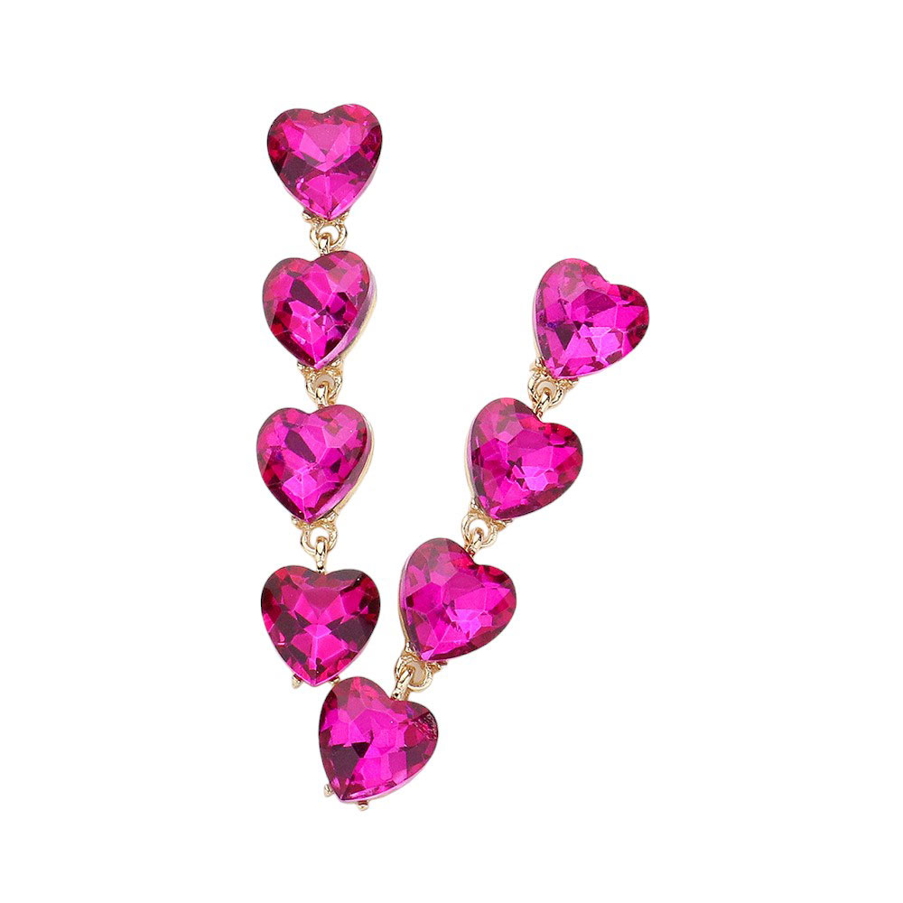 Fuchsia Heart Stone Cluster Link Dropdown Evening Earrings. These elegant earrings feature a stunning heart stone cluster design, linked together for a sophisticated and glamorous look. Perfect for any evening event, these earrings add a touch of luxury to any outfit. Elevate your style with these beautiful earrings. 