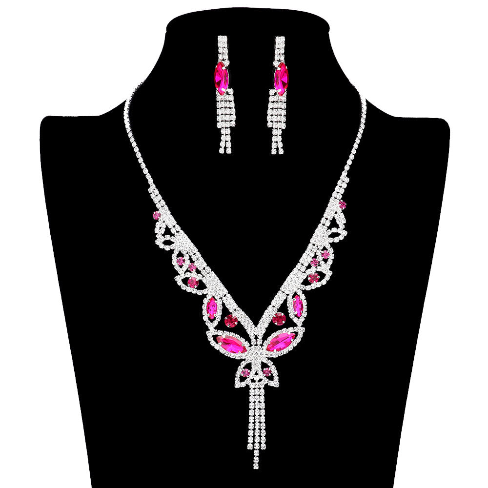 Fuchsia Marquise Round Stone Butterfly Rhinestone Jewelry Set, is crafted using marquise stones and delicate rhinestones, perfect for adding some sparkle to your look. The set includes an adjustable necklace, earrings, and bracelet, making it a perfect accessory for any special occasion outfit. Perfect gift idea.