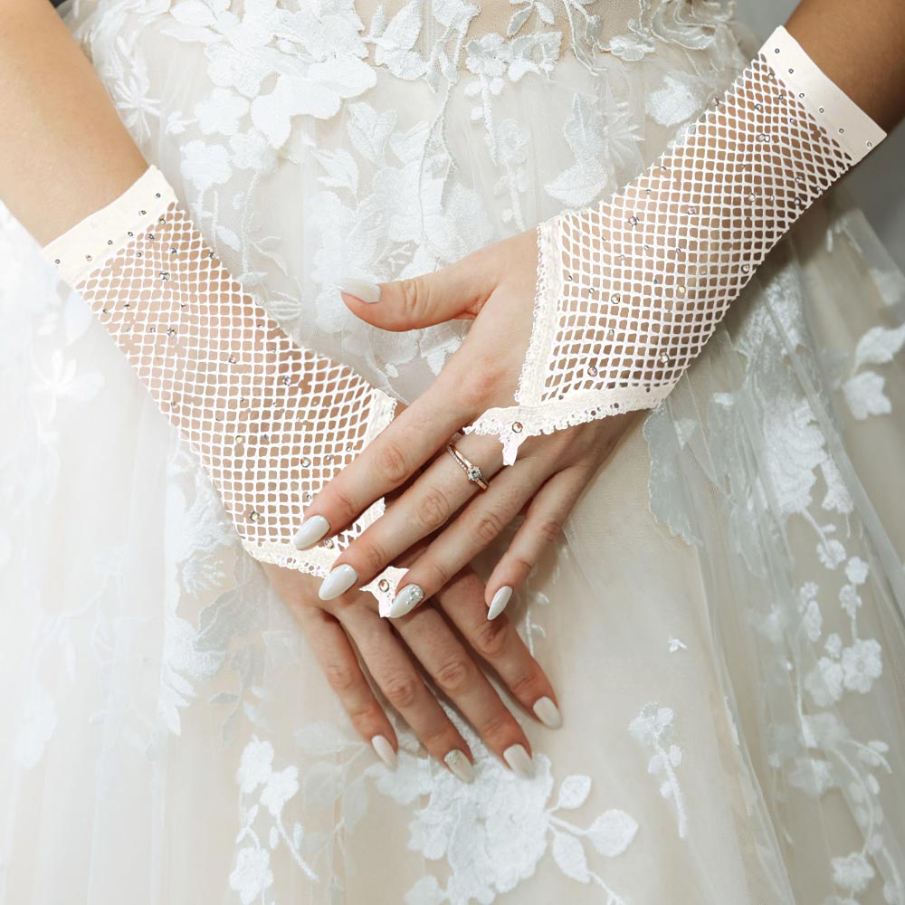 embellished fish nets Stone Embellished Fishnet Fingerless Wedding Gloves