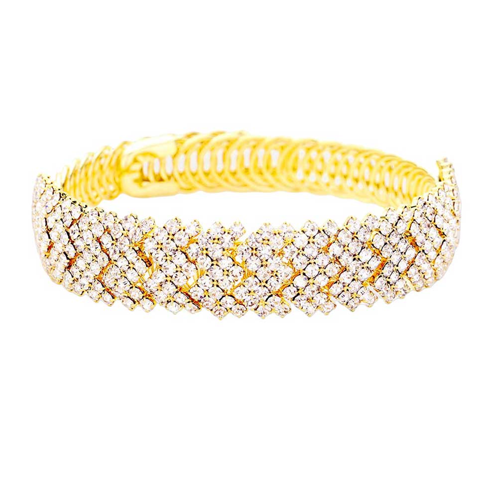 Gold Rhinestone Pave Adjustable Evening Bracelet, this chick bracelet features a classic design with sparkling rhinestone pave, perfect for formal occasions. The adjustable band allows for the perfect fit and can be easily adjusted for a comfortable wear. An elegant addition to any formal wardrobe.
