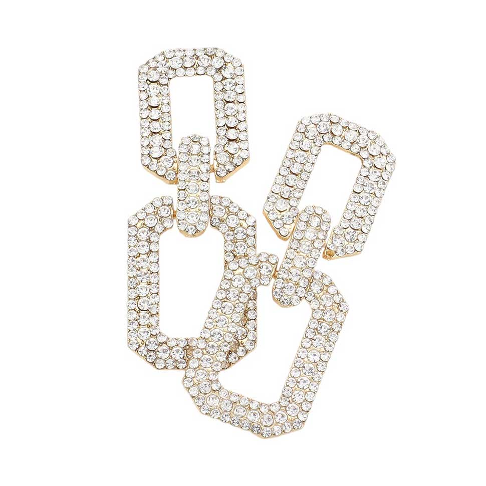 Gold Rhinestone Paved Open Square Link Evening Earrings are the perfect accessory for a glamorous night out. With intricate rhinestone detailing and an open square link design, these earrings will add sparkle and elegance to any evening ensemble. Elevate your style and make a statement with these stunning earrings.