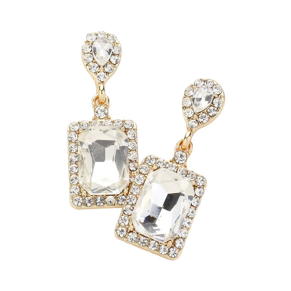 AB Gold Square Stone Cluster Dangle Evening Earrings, These elegant earrings will add a touch of sophistication to any evening ensemble. With a timeless square stone design and delicate dangle, these earrings are expertly crafted for a flawless look. Elevate your style with these stunning earrings that will make you stand out.