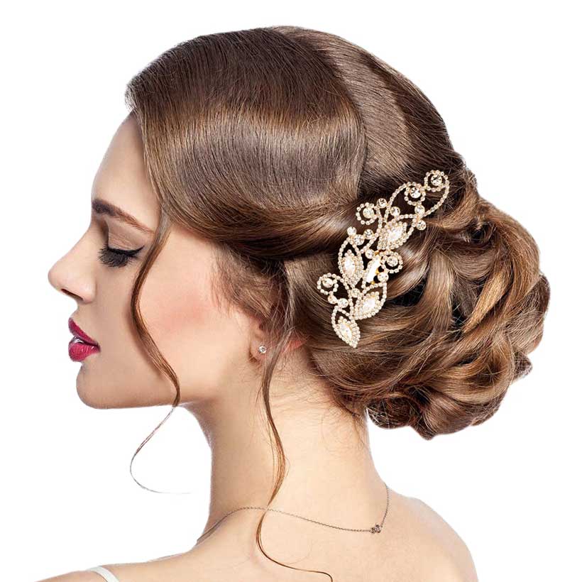 Gold CZ Marquise Stone Accented Hair Comb, elevate any ensemble with this glamorous hair comb, featuring a CZ marquise stone centerpiece and delicate mesh accents. The beautifully crafted design hair comb adds a gorgeous glow to any outfit. These are Perfect Anniversary Gifts, and also ideal for any special occasion.