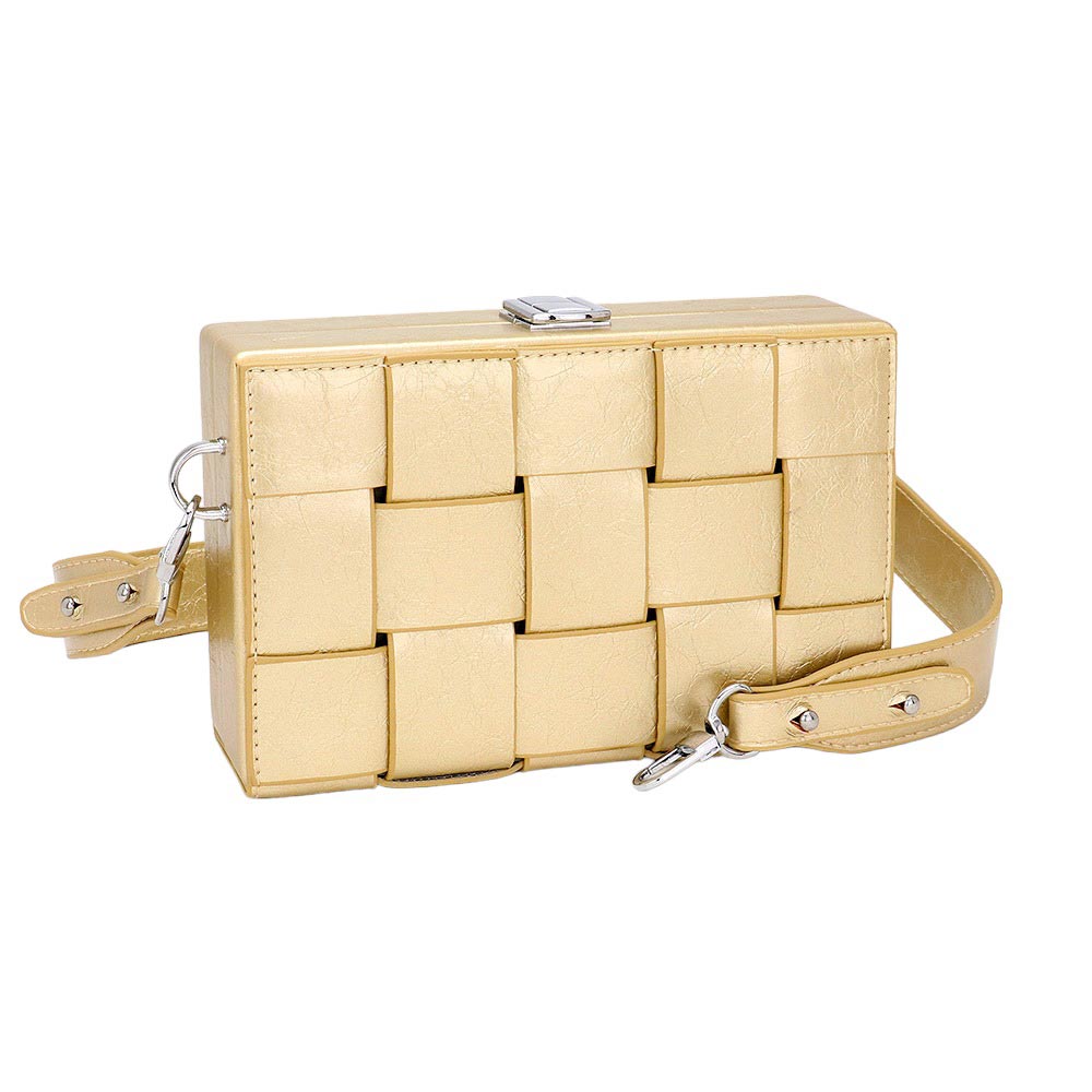 Gold Faux Leather Woven Square Box Crossbody Bag, will complete any casual or professional outfit. Made of high-quality faux leather, this bag has a woven box design and is equipped with an adjustable strap. Its lightweight design makes it easy to carry, for a truly stylish and functional accessory.